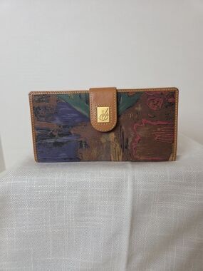 Printed Canvas Wallet with Tan Leather Trim
